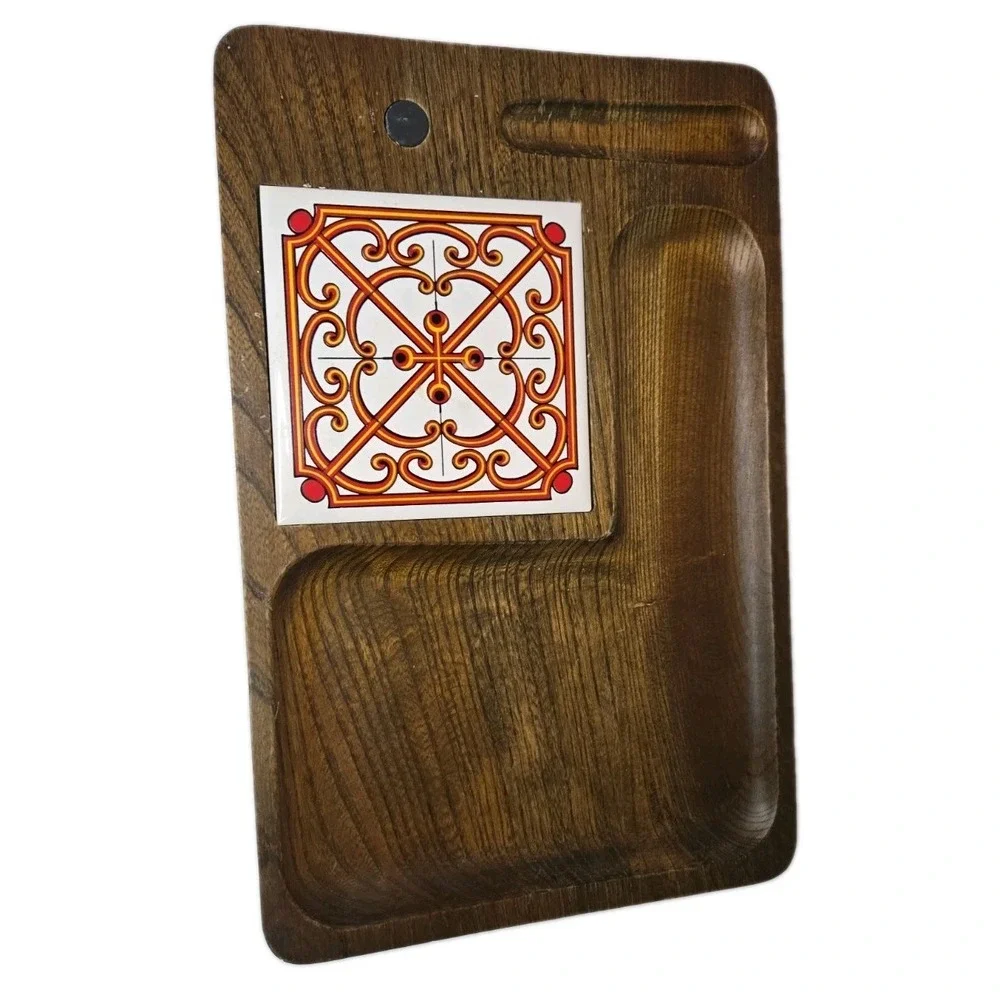 Vtg 1970s Japanese Keyaki Wood Cheese Board Charcuterie Tray Orange Scroll Tile